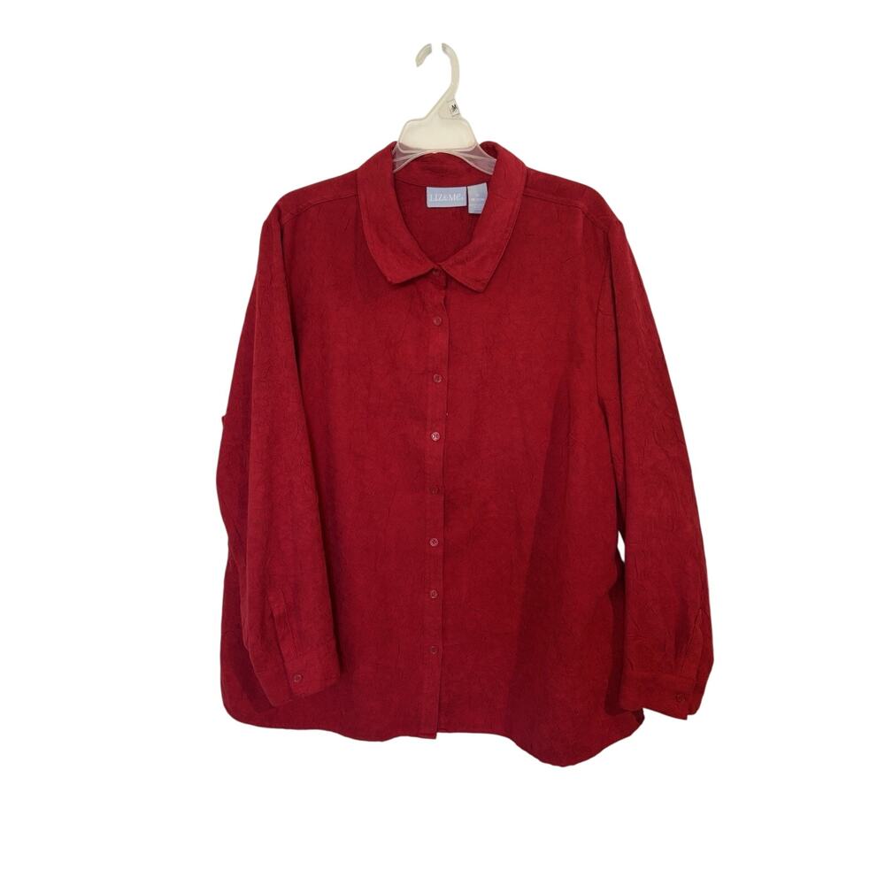 Liz & Me Red Crushed Velvet Button Down Long Sleeve Size 1X Holidays Classic